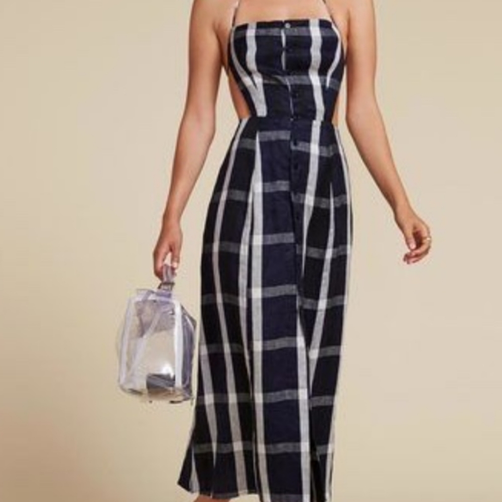 Reformation Navy & White Checkered Backless Dress